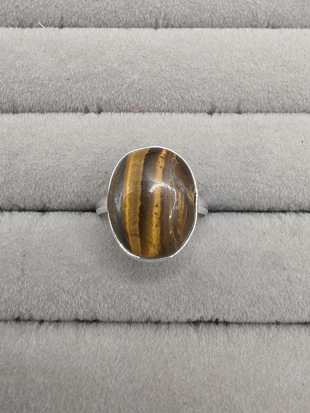 Silver Plated Tiger's Eye Oval Ring Size 7 - Brown